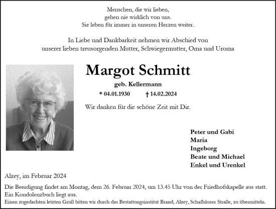 Traueranzeige von Margot Schmitt von Allgemeine Zeitung Alzey