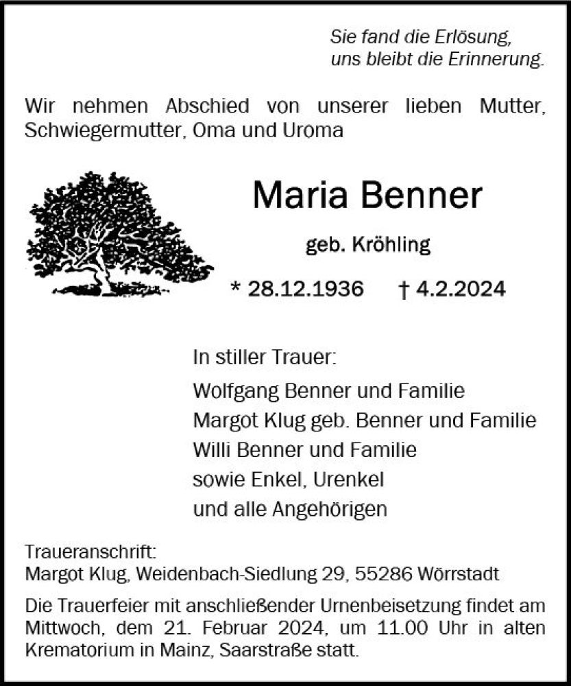  Traueranzeige für Maria Berner vom 17.02.2024 aus Allgemeine Zeitung Mainz