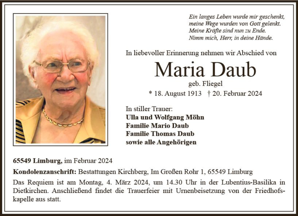  Traueranzeige für Maria Daub vom 24.02.2024 aus Nassauische Neue Presse