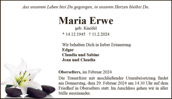 Traueranzeige von Maria Erwe von Camberger Anzeiger