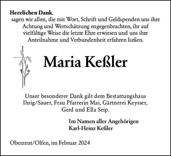 Traueranzeige von Maria Keßler von Odenwälder Echo