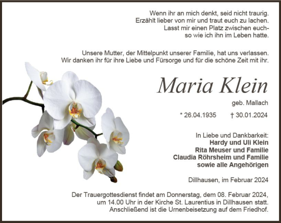 Traueranzeige von Maria Klein von Weilburger Tageblatt