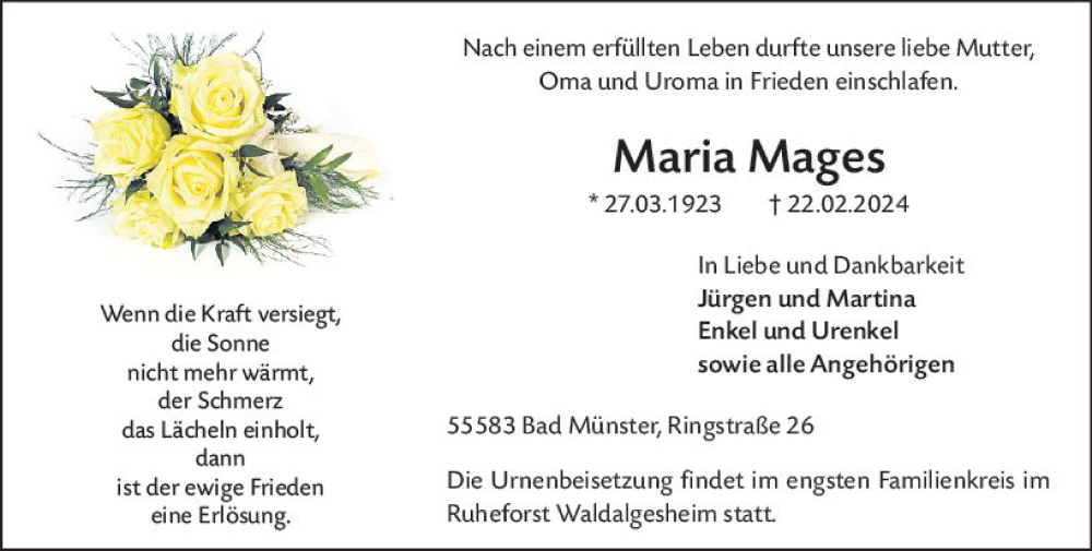  Traueranzeige für Maria Mages vom 27.02.2024 aus Allgemeine Zeitung Bad Kreuznach