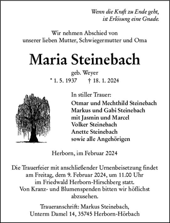 Traueranzeige von Maria Steinebach von Dill Block