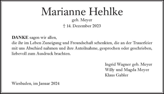 Traueranzeige von Marianne Hehlke von Wiesbadener Kurier