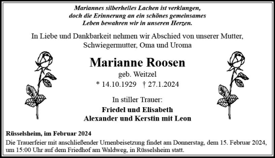 Traueranzeige von Marianne Roosen von Rüsselsheimer Echo