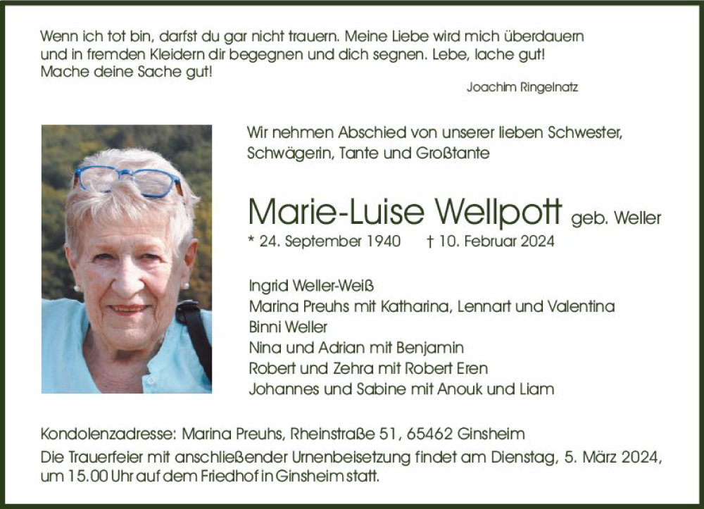  Traueranzeige für Marie-Luise Wellpott vom 17.02.2024 aus Allgemeine Zeitung Mainz
