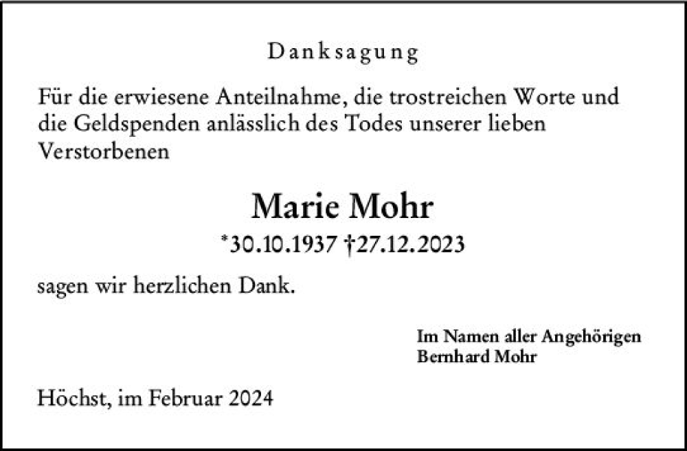  Traueranzeige für Marie Mohr vom 03.02.2024 aus Odenwälder Echo