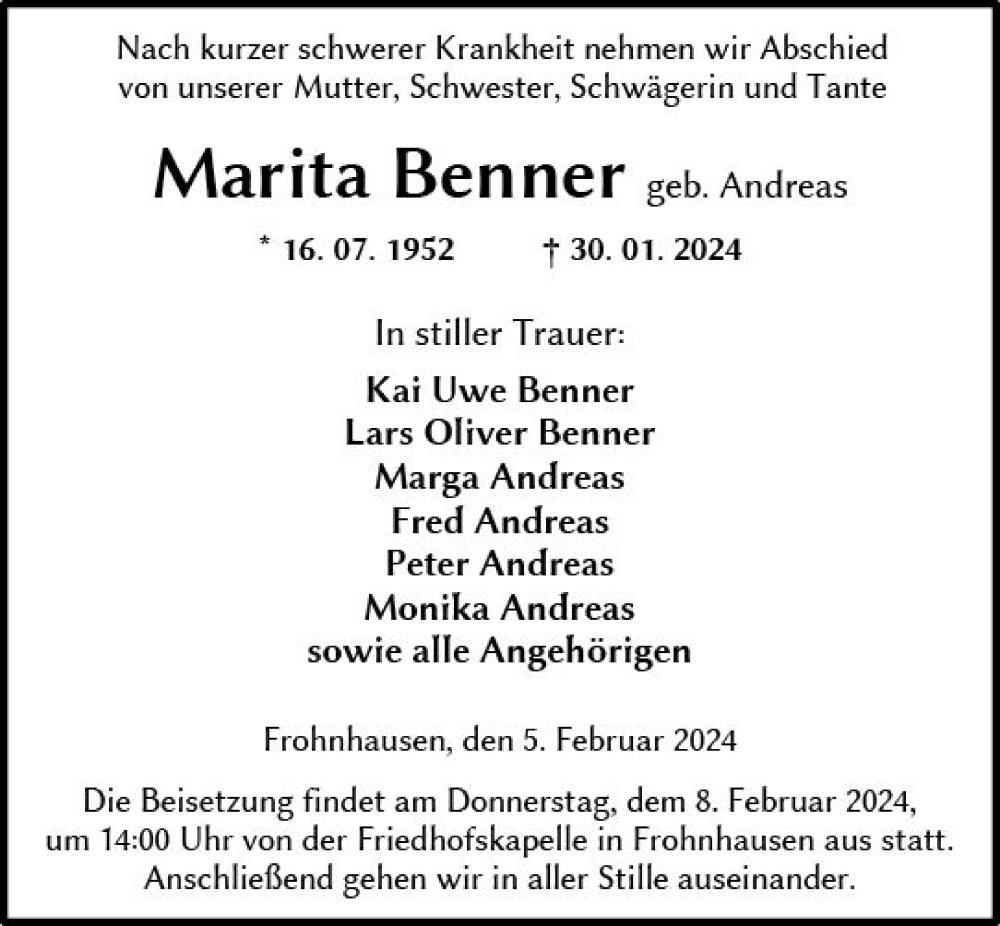  Traueranzeige für Marita Benner vom 05.02.2024 aus Dill Block