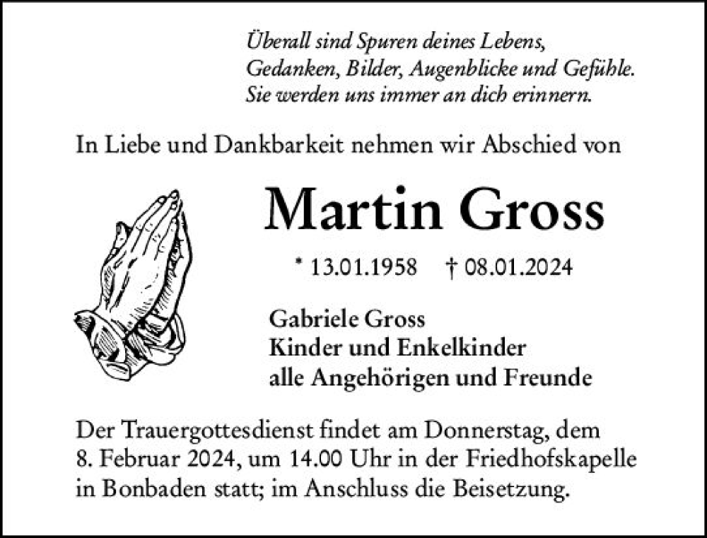  Traueranzeige für Martin Gross vom 06.02.2024 aus Wetzlarer Neue Zeitung