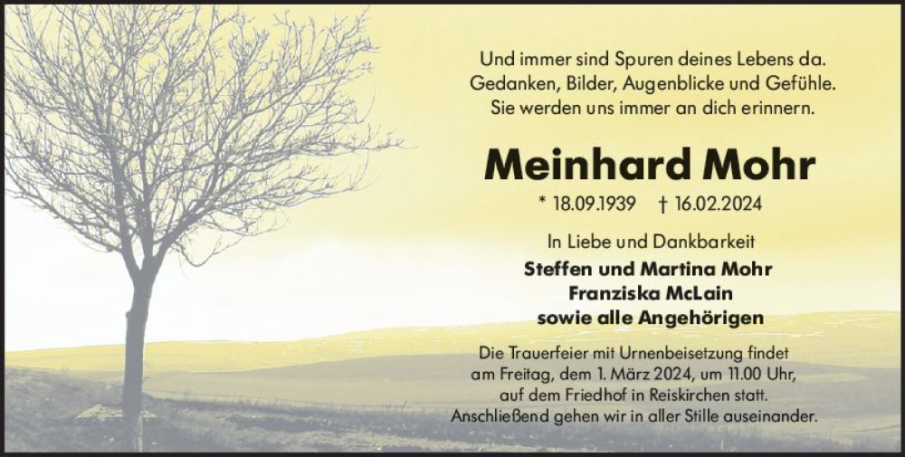  Traueranzeige für Meinhard Mohr vom 28.02.2024 aus Wetzlarer Neue Zeitung