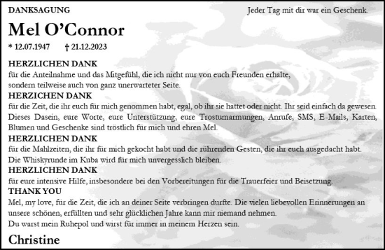 Traueranzeige von Mel OConnor von Allgemeine Zeitung Alzey