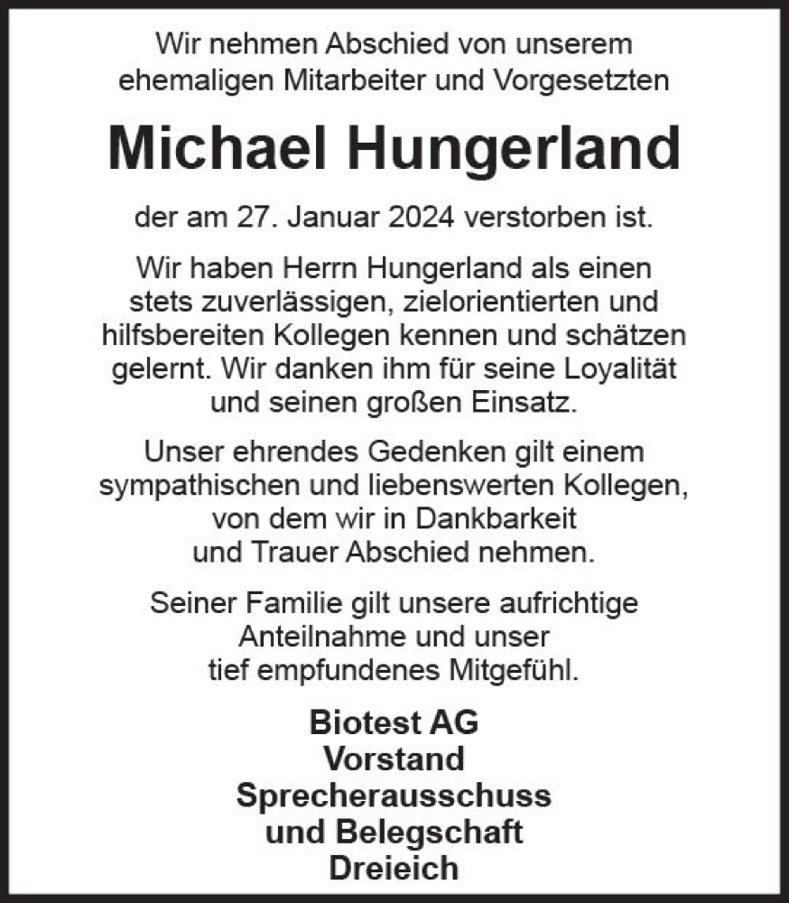  Traueranzeige für Michael Hungerland vom 21.02.2024 aus Darmstädter Echo