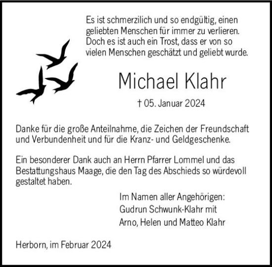 Traueranzeige von Michael Klahr von Dill Block