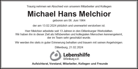 Traueranzeige von Michael Hans Melchior von Dill Block