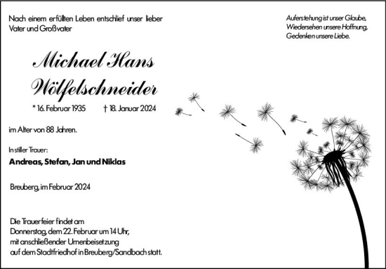 Traueranzeige von Michael Hans Wölfelschneider von Odenwälder Echo