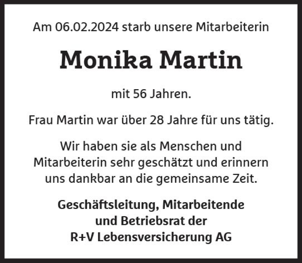  Traueranzeige für Monika Martin vom 17.02.2024 aus Wiesbadener Kurier