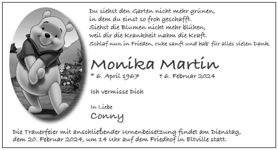 Traueranzeige von Monika Martin von Wiesbadener Kurier