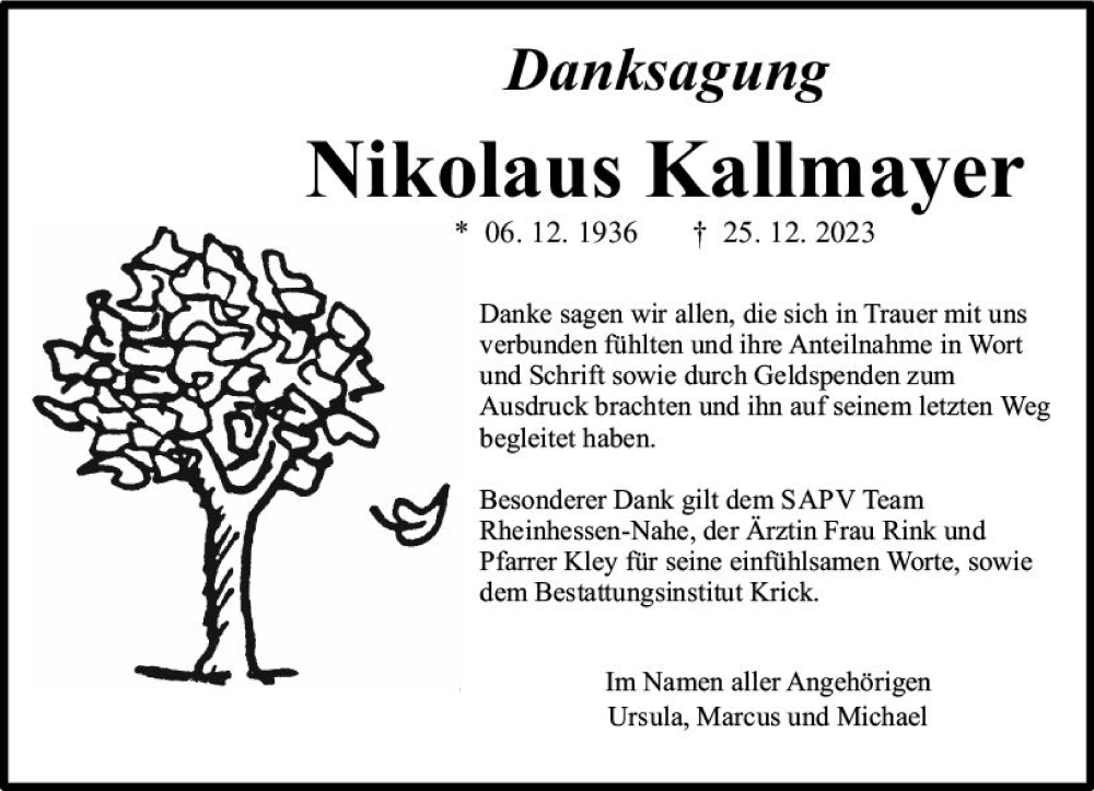  Traueranzeige für Nikolaus Kallmayer vom 03.02.2024 aus Allgemeine Zeitung Bingen/Ingelheim