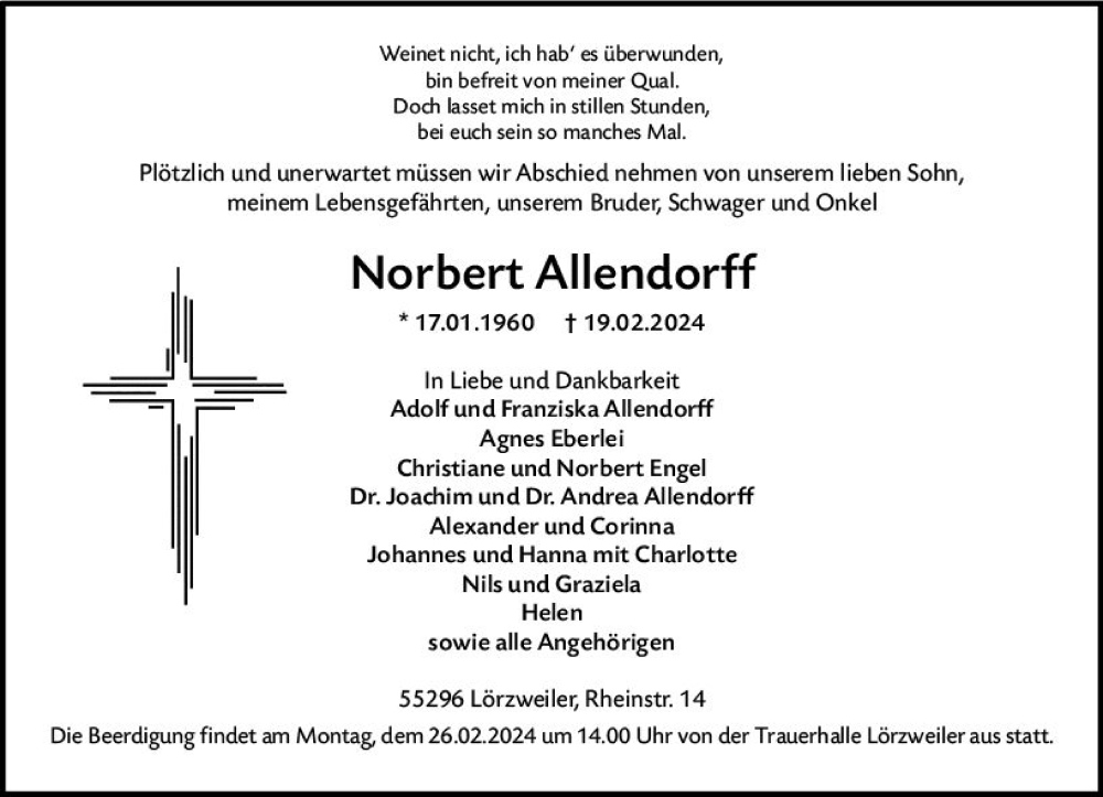  Traueranzeige für Norbert Allendorff vom 24.02.2024 aus Allgemeine Zeitung Mainz