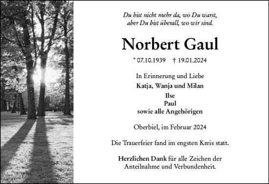 Traueranzeige von Norbert Gaul von Wetzlarer Neue Zeitung