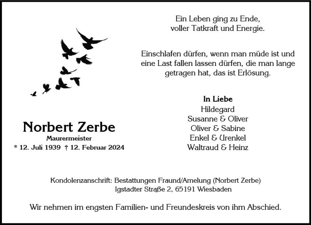  Traueranzeige für Norbert Zerbe vom 24.02.2024 aus Wiesbadener Kurier