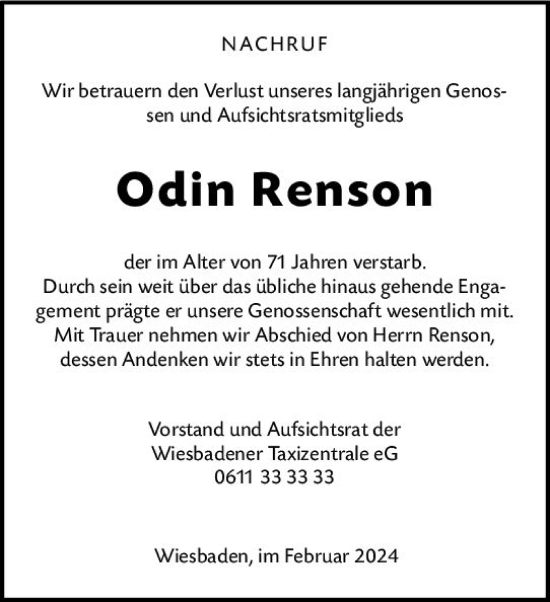 Traueranzeige von Odin Renson von Wiesbadener Kurier