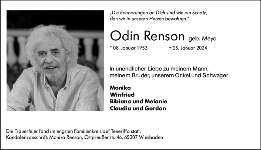  Traueranzeige für Odin Renson vom 03.02.2024 aus Wiesbadener Kurier
