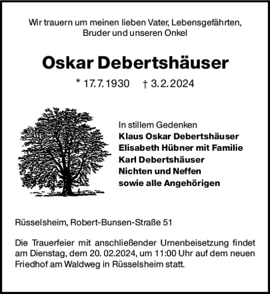 Traueranzeige von Oskar Debertshäuser von Rüsselsheimer Echo