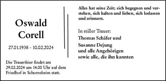Traueranzeige von Oswald Corell von Allgemeine Zeitung Alzey