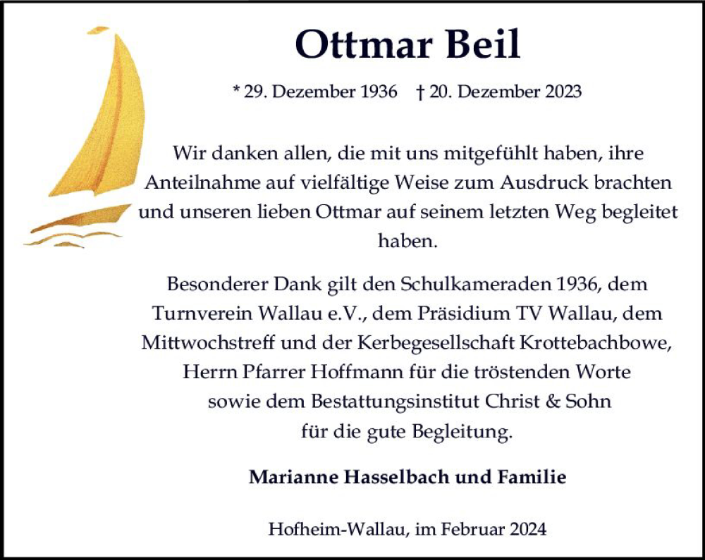  Traueranzeige für Ottmar Beil vom 03.02.2024 aus Wiesbadener Kurier
