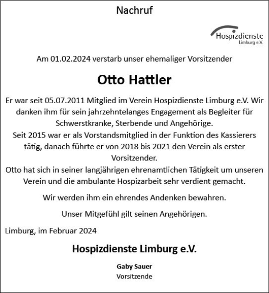 Traueranzeige von Otto Hattler von Nassauische Neue Presse