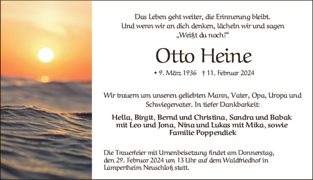 Traueranzeige für Otto Heine vom 27.02.2024 aus Starkenburger Echo