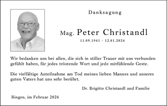 Traueranzeige von Peter Christandl von Allgemeine Zeitung Bingen/Ingelheim