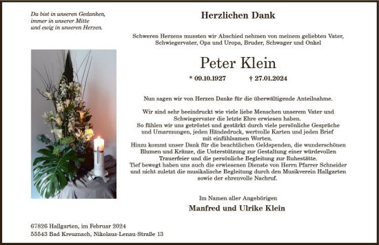 Traueranzeige von Peter Klein von Allgemeine Zeitung Bad Kreuznach