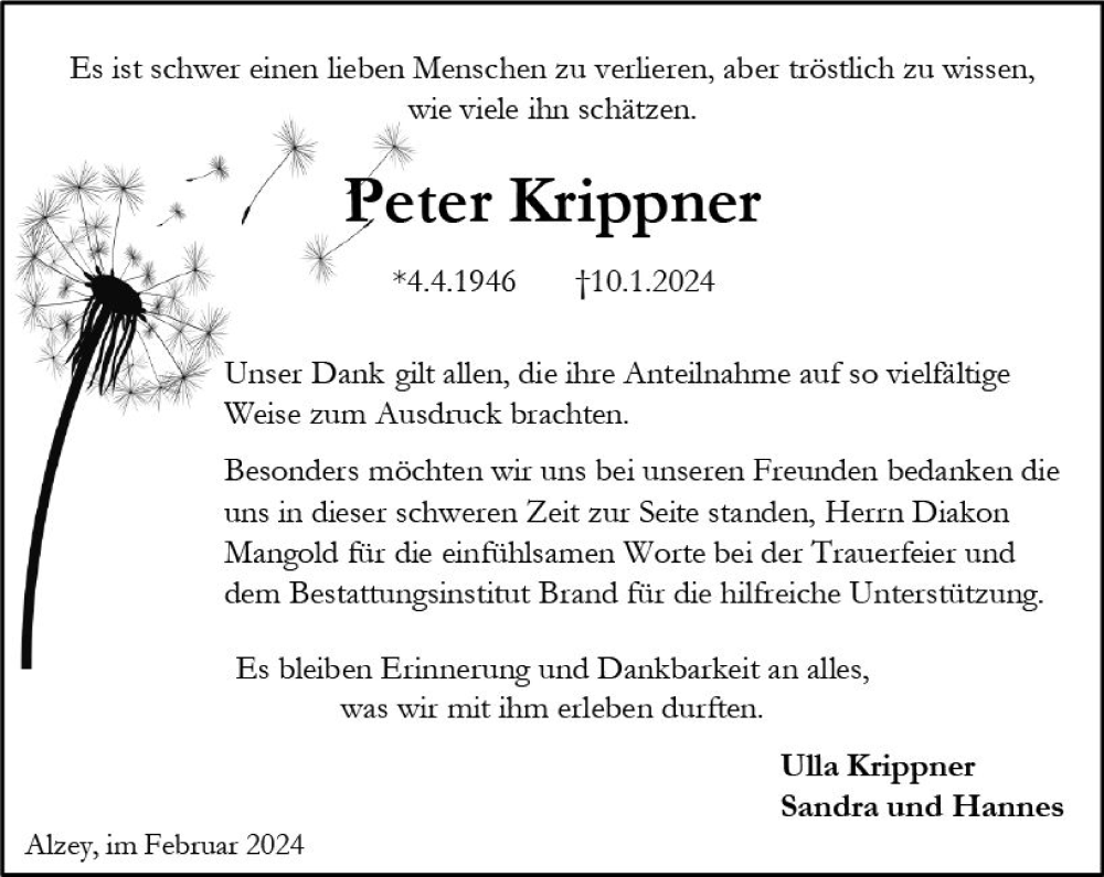  Traueranzeige für Peter Krippner vom 24.02.2024 aus Allgemeine Zeitung Alzey