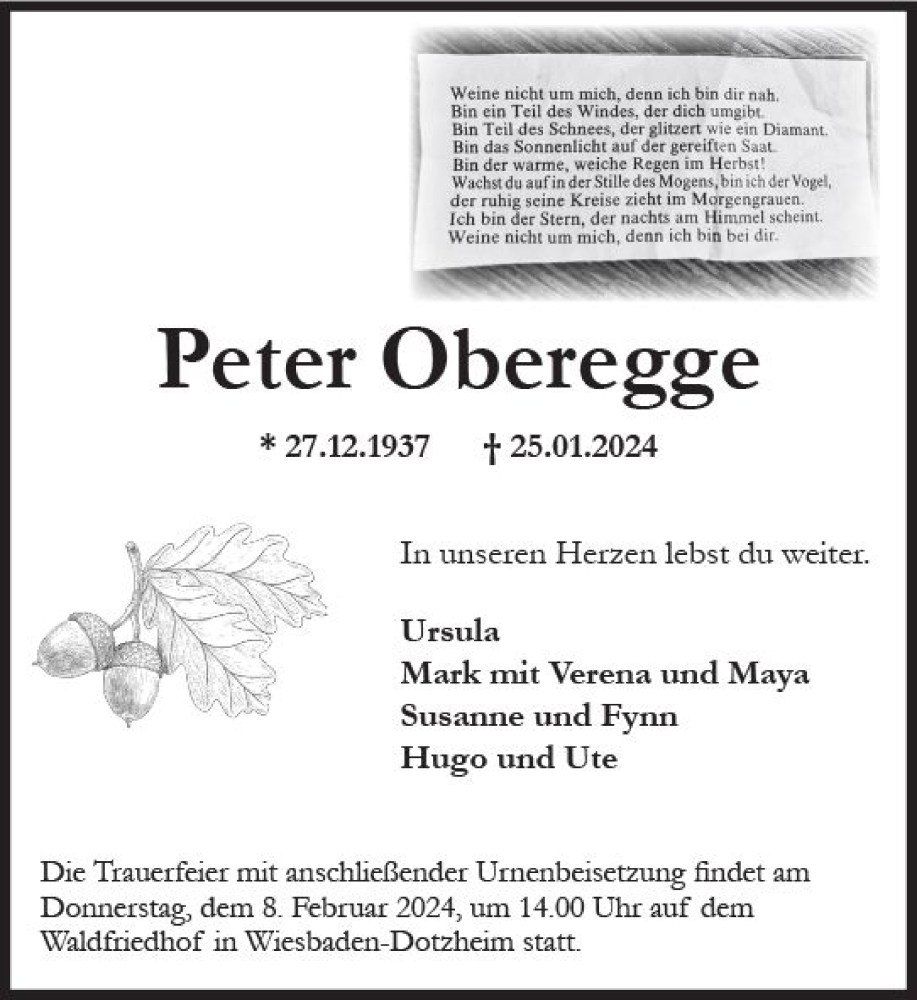  Traueranzeige für Peter Oberegge vom 03.02.2024 aus Wiesbadener Kurier
