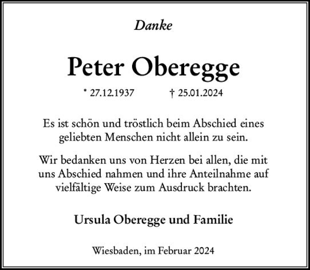  Traueranzeige für Peter Oberegge vom 24.02.2024 aus Wiesbadener Kurier