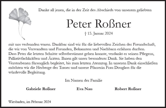 Traueranzeige von Peter Roßner von Wiesbadener Kurier