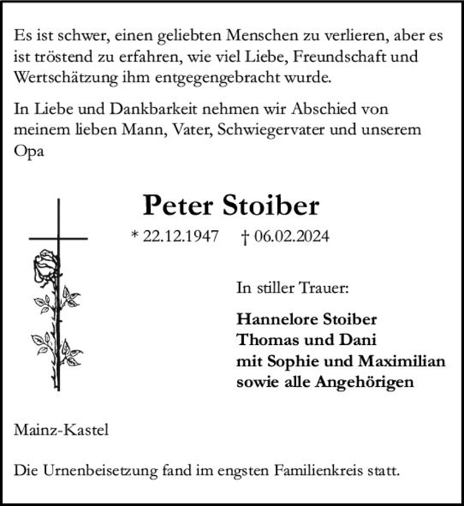  Traueranzeige für Peter Stoiber vom 24.02.2024 aus Allgemeine Zeitung Mainz