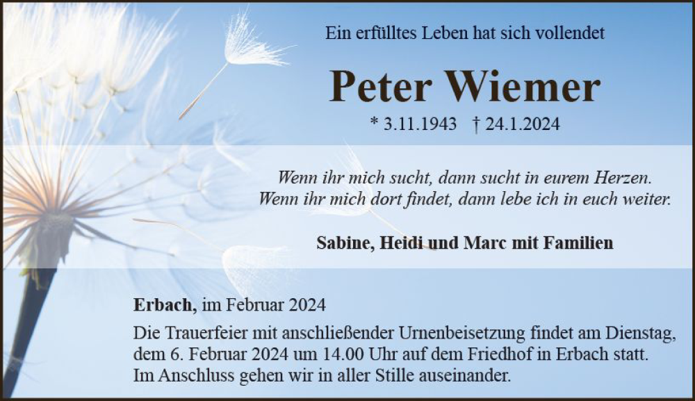  Traueranzeige für Peter Wiemer vom 01.02.2024 aus Camberger Anzeiger