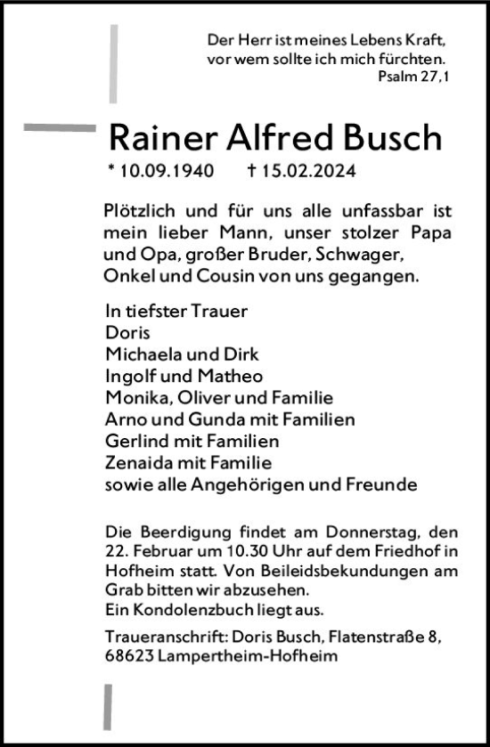 Traueranzeige von Rainer Alfred Busch von Starkenburger Echo
