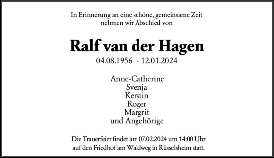 Traueranzeige von Ralf van der Hagen von Rüsselsheimer Echo