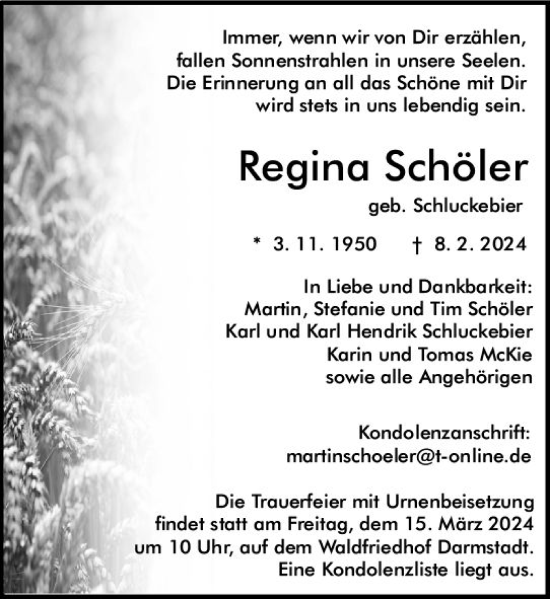 Traueranzeige von Regina Schöler von Darmstädter Echo