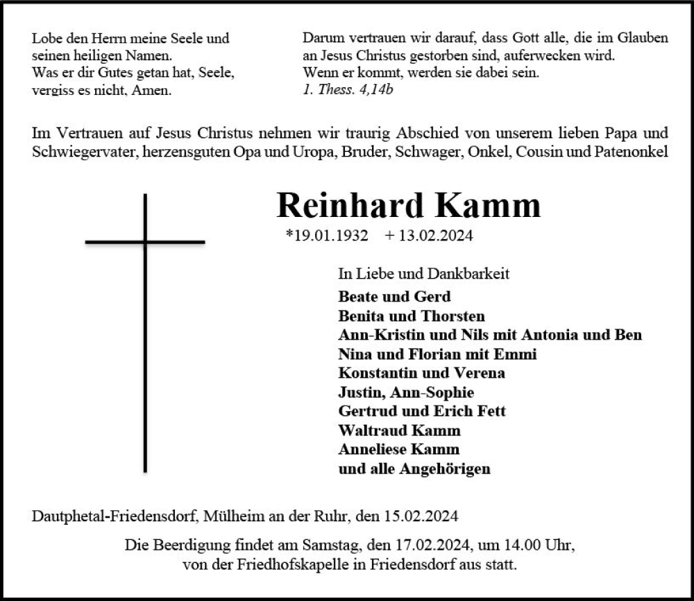  Traueranzeige für Reinhard Kamm vom 15.02.2024 aus Hinterländer Anzeiger