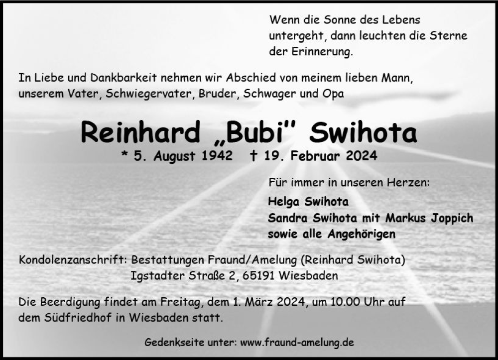  Traueranzeige für Reinhard Swihota vom 24.02.2024 aus Wiesbadener Kurier