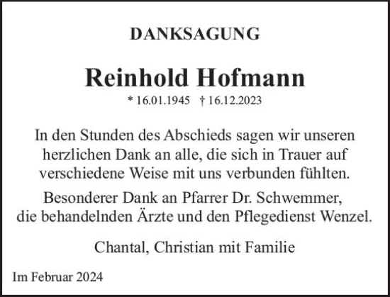 Traueranzeige von Reinhold Hofmann von Odenwälder Echo