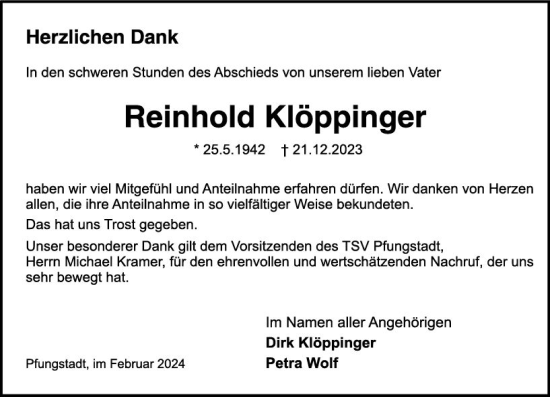 Traueranzeige von Reinhold Klöppinger von Darmstädter Echo