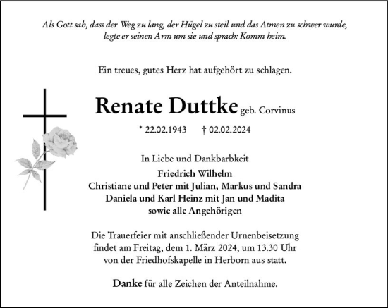 Traueranzeige von Renate Duttke von Dill Block