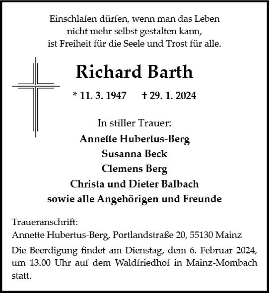  Traueranzeige für Richard Barth vom 03.02.2024 aus Allgemeine Zeitung Mainz
